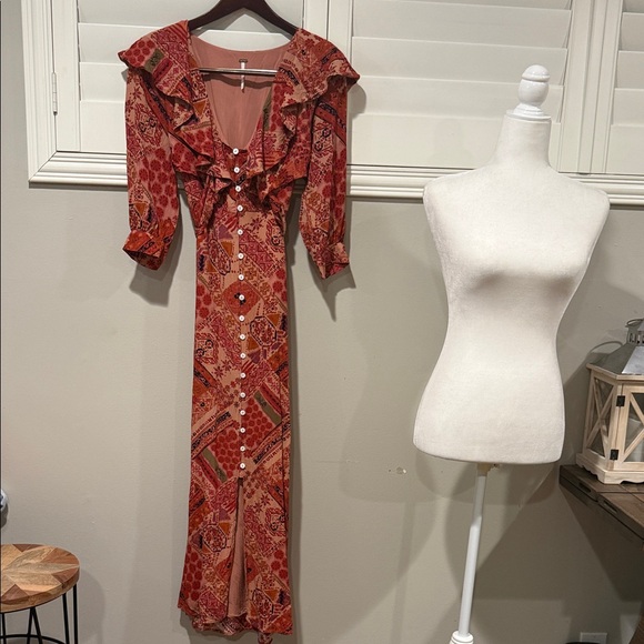 NWOT Free People Red and Orange Long Sleeve Dress - Picture 3 of 7